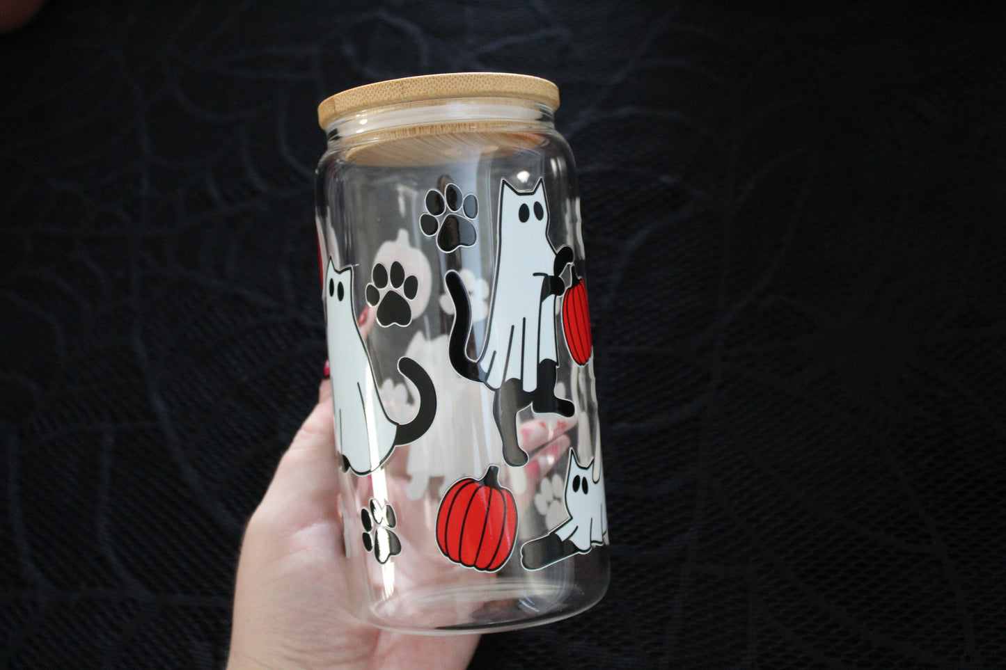 Pumpkin Sheet Ghost Kitties - 16oz Glass Can
