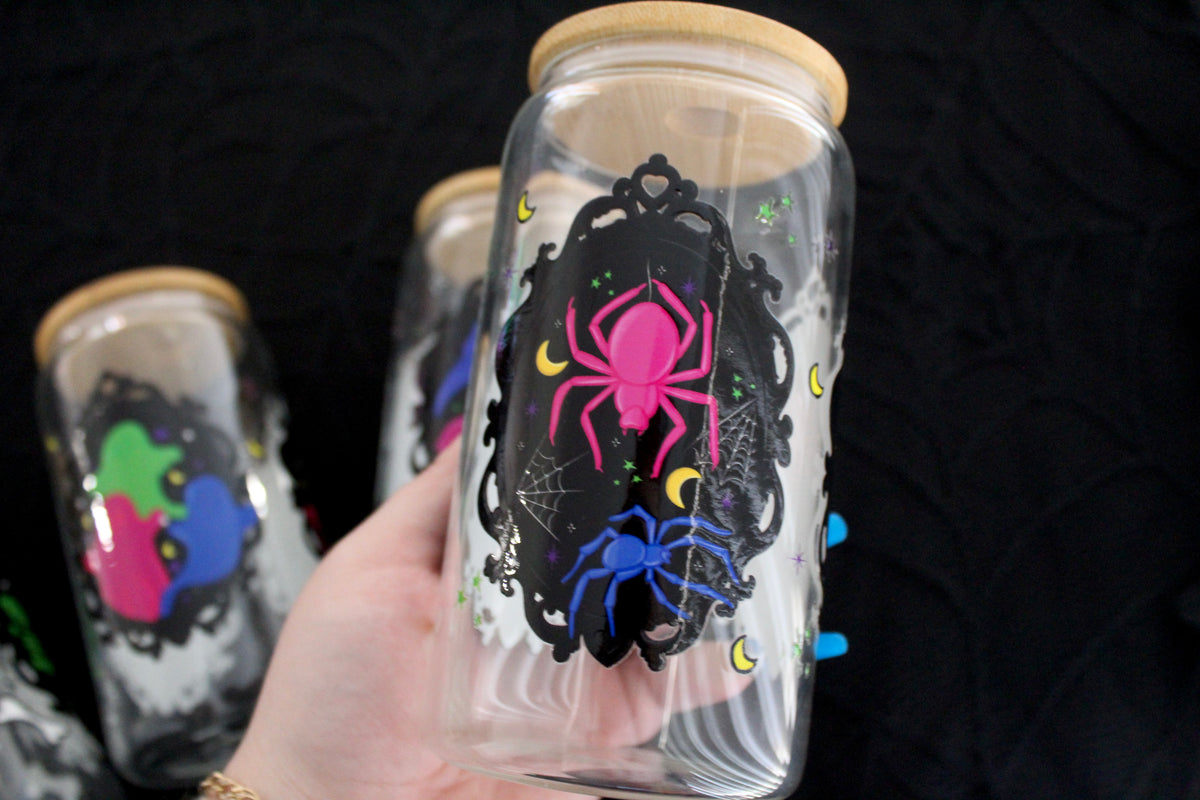 Neon Nightmare Spider Frames - 16oz Glass Can